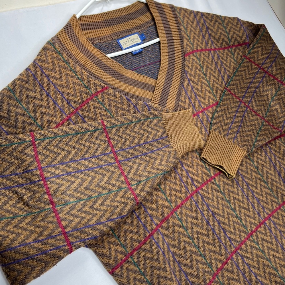 Ruff Hewn Sweater Mens L Brown Cotton Chevron Windowpane Plaid V-Neck USA Made